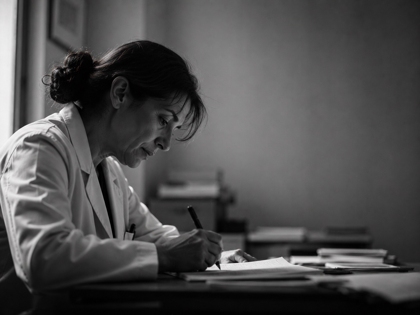 A physician working through a case at her desk