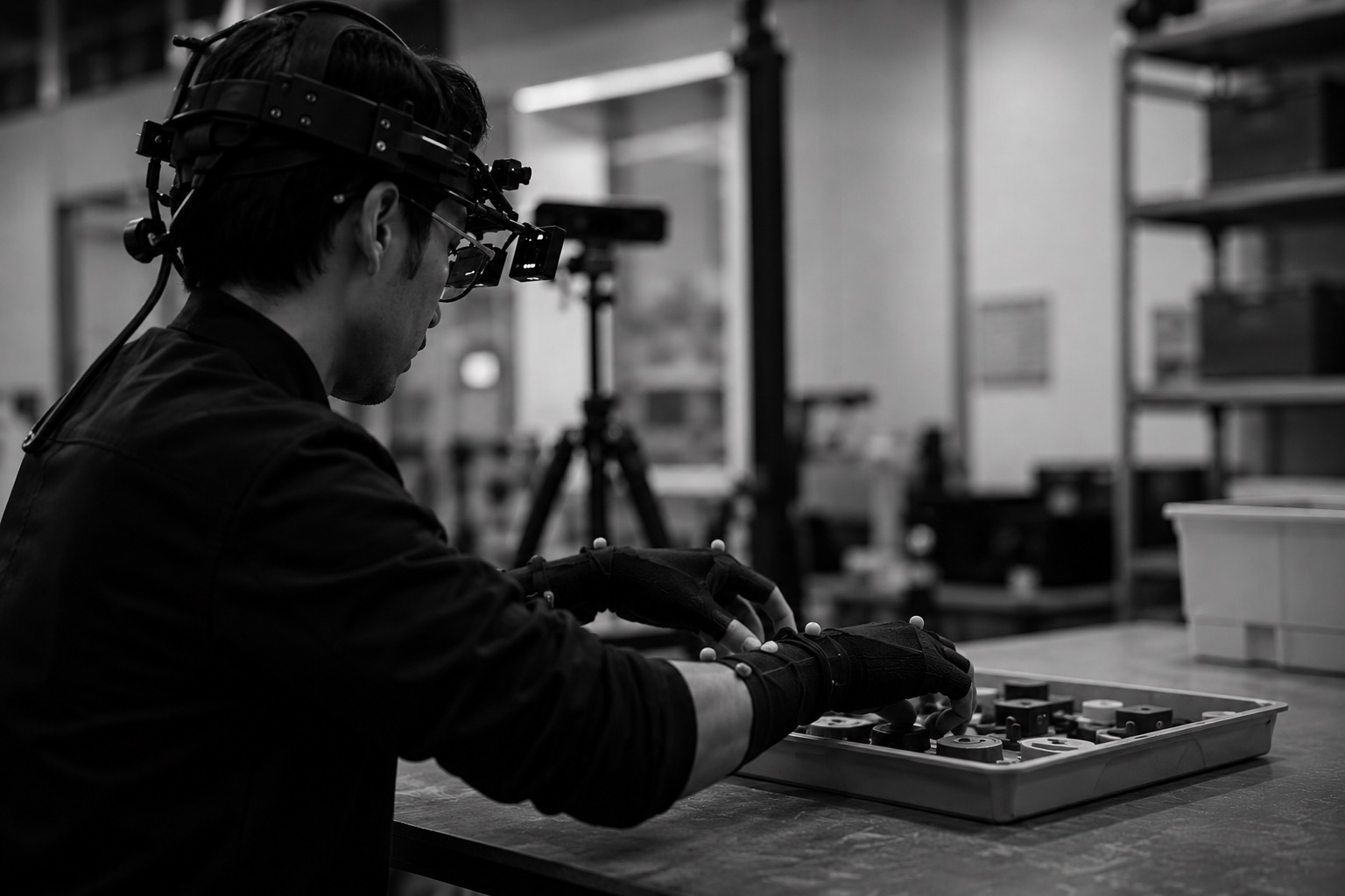 A working professional demonstrating a task under instrumentation